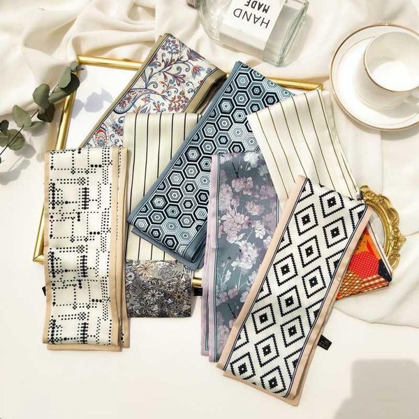 

new fashion decorative wrapped small silk silk scarf long ribbon hair band scarf neckerchief decoration skinny women1, Blue;gray