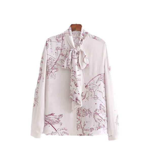 

2021 new elegant women mythological figures print shirts fashion ladies bow collar streetwear female blouse rfca, White