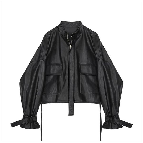 

ewq] 2020 autumn new drawstring strap long sleeve large size fashion women casual up leather coat loose black jacket qj87101, Black;brown