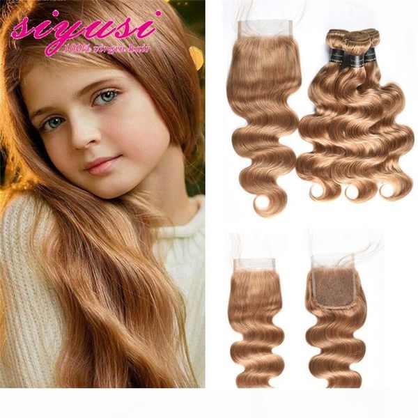 

honey blonde body wave 3 bundles with lace closure #27 brazilian blonde human hair weave unprocessed virgin remy hair bundle with closure, Black;brown