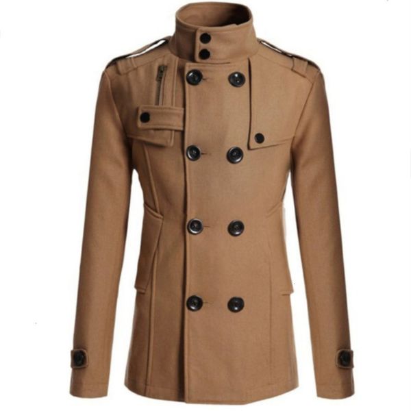 

men's slim double row coat, versatile woolen coat, Tan;black