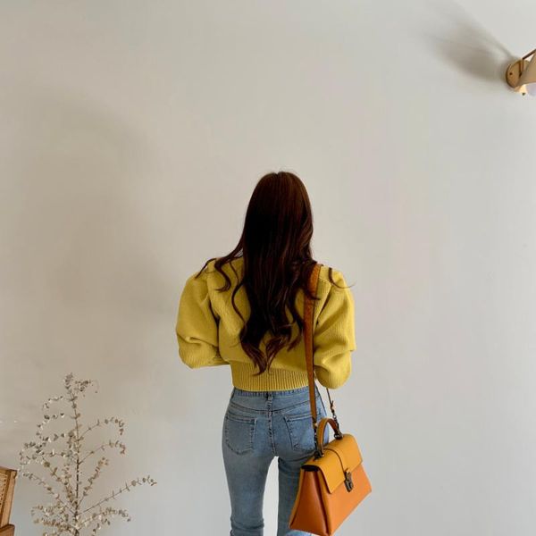 

women's sweaters fall 2021 women candy colors slim waist pullovers o-neck all-match knitted sweater puff sleeve soft warm, White;black
