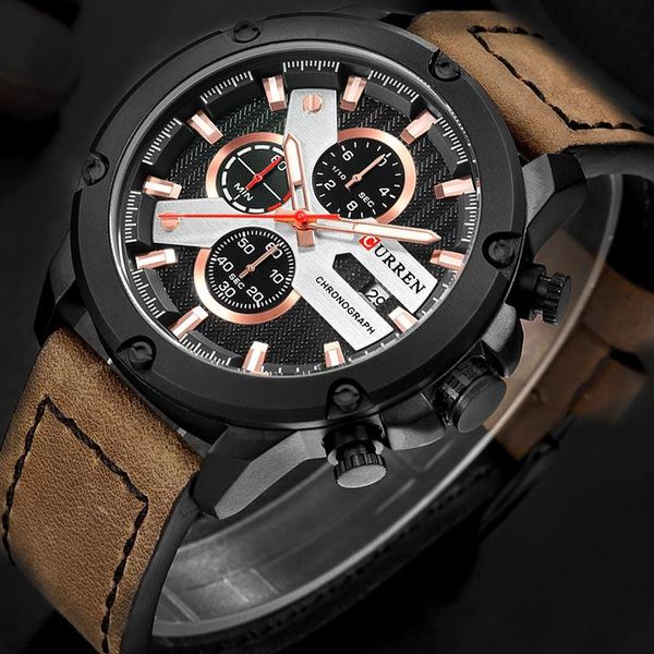 

wristwatches 2021 men watch curren brand fashion sport watches mens leather waterproof chronograph quartz clock relogio masculino, Slivery;brown