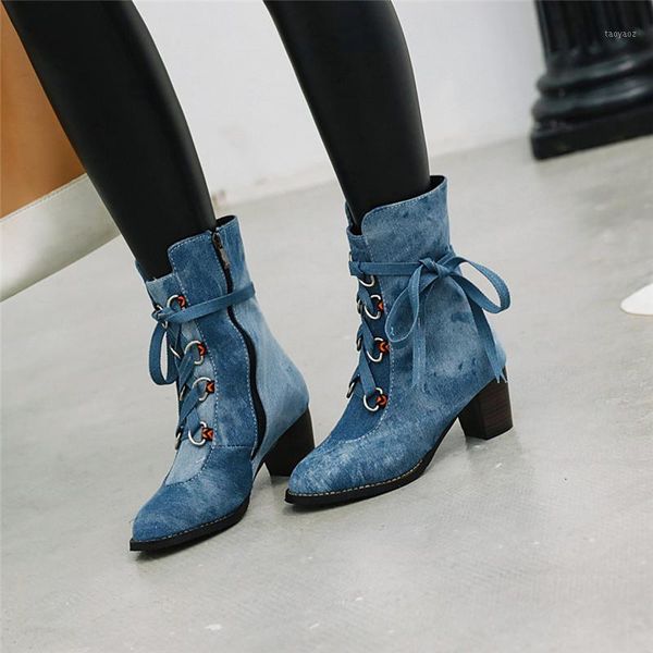 

2019 autumn winter denim cross tied high heel boots female blue purple block heels ankle riding knight boots shoes woman1, Black