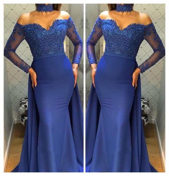 

2021 charming royal blue formal evening dresses lace mermaid long sleeves prom gowns off the shoulder overskirt girls party dress, Black;red
