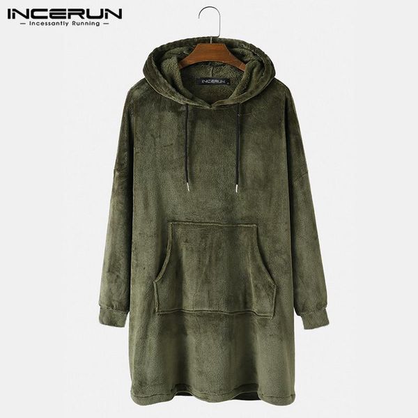 

men fleece robes homewear hooded soft long sleeve comfortable loose men bathrobes leisure pockets solid color nightgown incerun, Black;brown