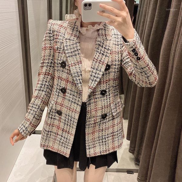

plaid tweed blazer coat vintage double breasted long sleeve female outerwear chic women 2020 fashion1, White;black