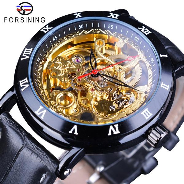 Orologio da polso Forsining Flower Carving Gear Movimento dorato Vera pelle Numero romano Lunetta Orologi meccanici da uomo Top Brand di lusso