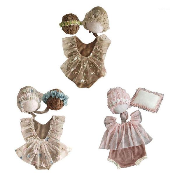 

4pcs newborn pgraphy props suit lace romper hat pillow headband set outfits1, White