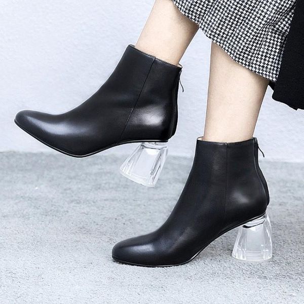 

2020 selling pvc transparent crystal heel round toe black leather ankle boots celebrity shoes women
