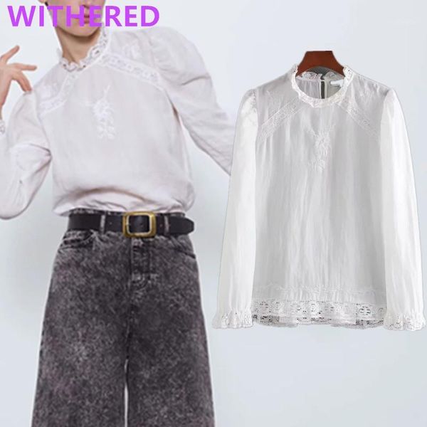 

dave&di england simple lace splicing elegant embroidery blouse women blusas mujer de moda 2020solid shirt womens and blouse1, White