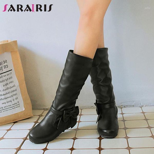 

boots sarairis solid silp toe mid calf women butterfly-knot short plush winter ladies shoes1, Black