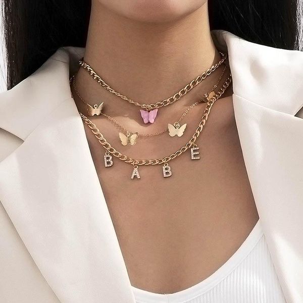 

chains fashion temperament butterfly rhinestone letters babe pendant necklace women multilayer thick geometric choker necklaces, Silver