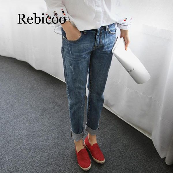 

male girlfriend jeans 2020 retro distressed stretch jeans torn denim washed pants female, Blue