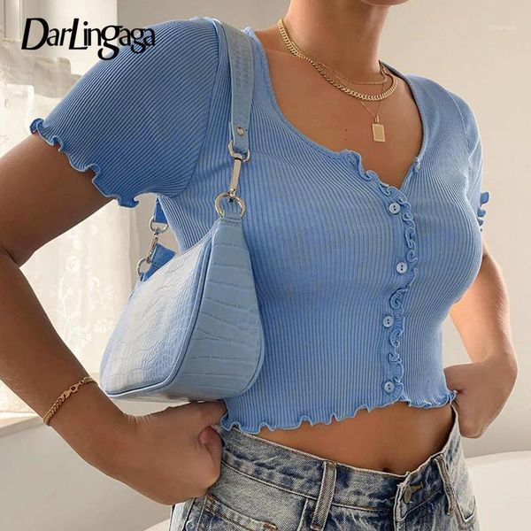 

darlingaga solid short sleeve buttons female t-shirt fashion summer crop tee cardigan elegant ladies t shirt ribbed new1, White