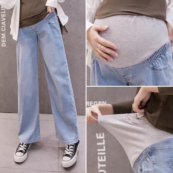 

952# spring autumn wide leg loose denim maternity full long jeans belly casual pants clothes for pregnant women pregnancy jeans, White