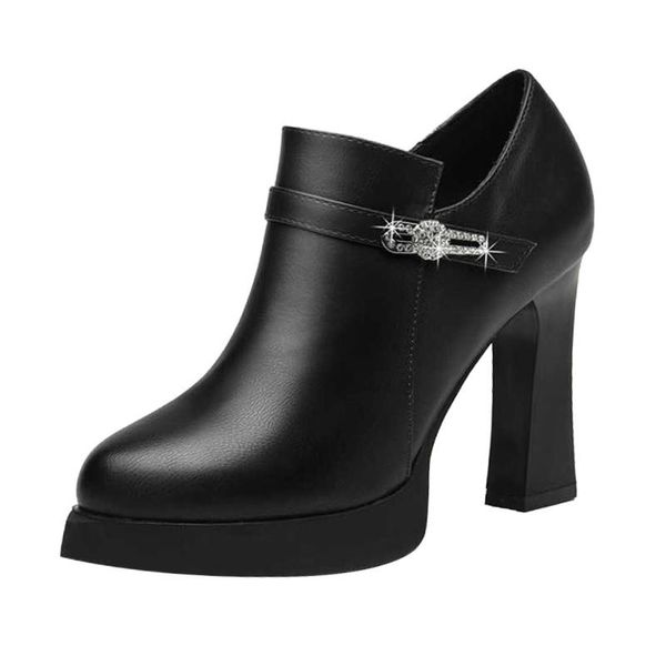 

boots thick with women's shoes 2021 autumn and winter high heel ladies short rhinestone single deep mouth, Black