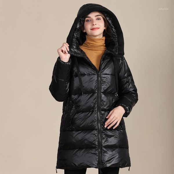 

brand new long winter jacket women thick warm hooded outerwear down cotton padded parka female shiny coats with adjustable waist1, Black
