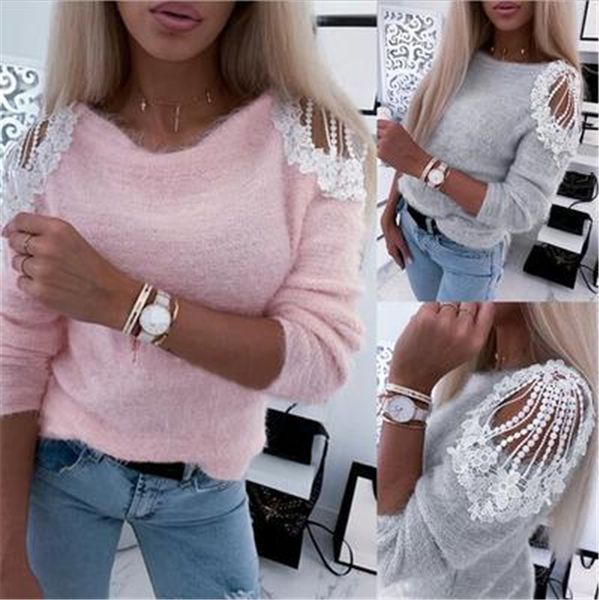 

ladies lace hollow t-shirt fashion trend long sleeve round neck tees designer female spring new casual loose tshirts, White
