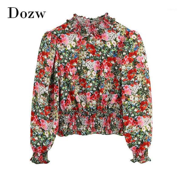 

boho floral print womens and blouses puff sleeve hollow out shirt elastic waist holiday blouse camisas mujer1, White