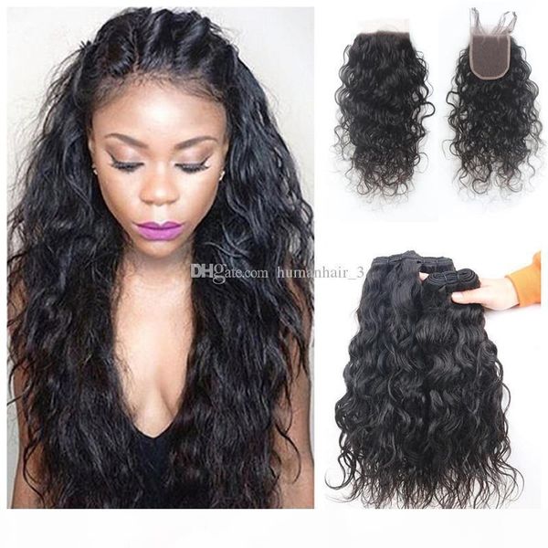 

malaysian human hair 3 bundles with lace closure wet and wavy hair bundles with lace closure bleached knots water wave human hair wefts, Black;brown