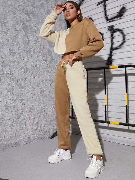 

two tone sweatshirt & drawstring waist sweatpants z0vo#, White