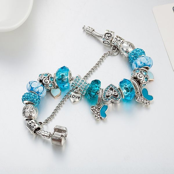 

selling hand jewelry blue pendant bracelet string beads jewelry crystal glass big hole beaded creative butterfly pendant bracelet sxesw, Golden;silver