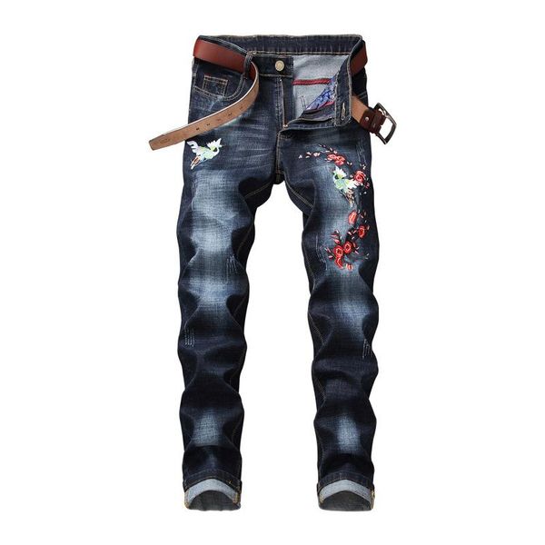 

men's jeans spring and autumn men korean slim youth fashion embroidered pants trousers trendy, Blue