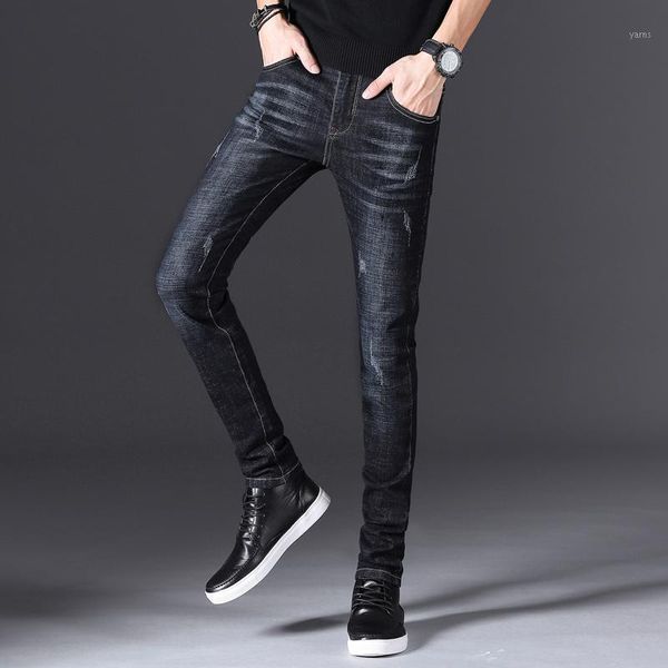 

mens jeans classic straight denim jeans with zippers pleated slim blue black jean men's scratched long pants trousers1