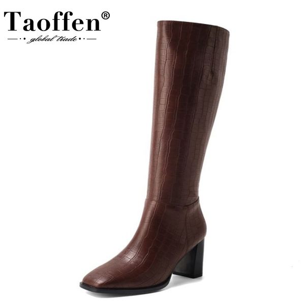 

taoffen women kne boots thick high heel square toe women winter long boots fashion cool party winter shoes women size 34-39 lj201130, Black