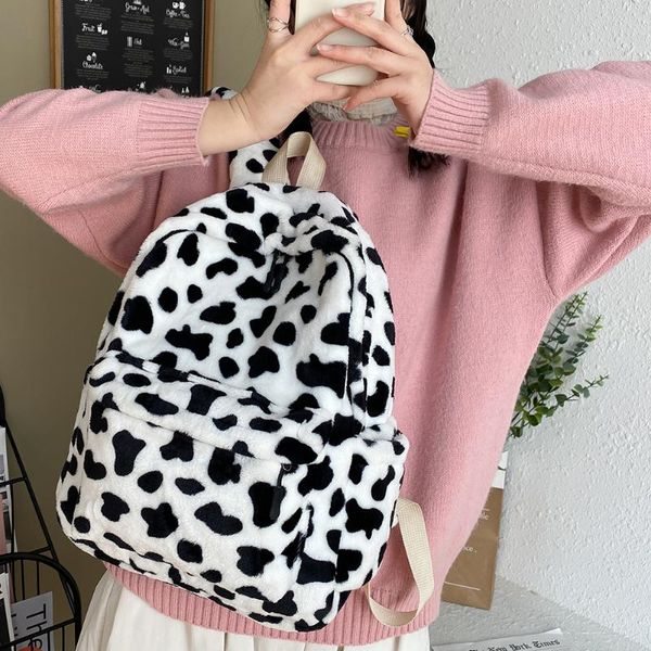 

vintage women cow pattern school bags plush backpack large capacity bagpack