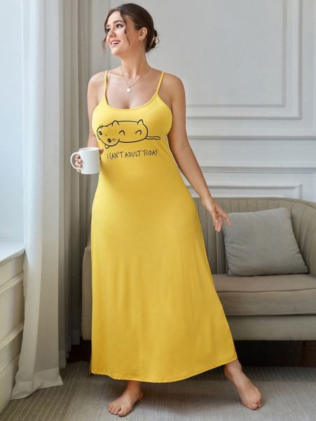 

plus slogan and cat graphic slip dress b86t#, Black;white