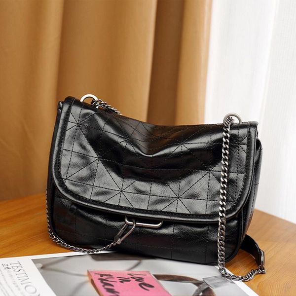 

women fold black messenger bag chain shoulder belt retro handbag soft leather stray large capacity leisure style shoulder bag