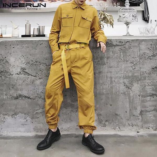 

fashion men cargo overalls streetwear solid color joggers long sleeve lapel casual jumpsuits pockets men rompers pants incerun, Black