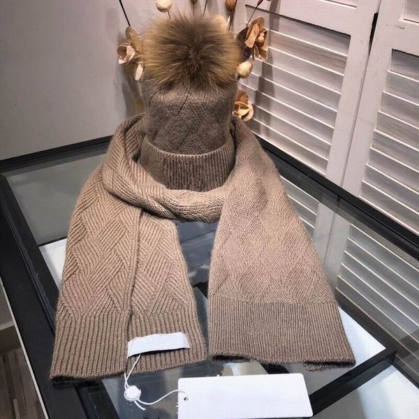 

2020 new cotton knitting brown hats with brown hair ball & check plaid & tartan scarves sets women winter comfortable warm sets, Blue;gray