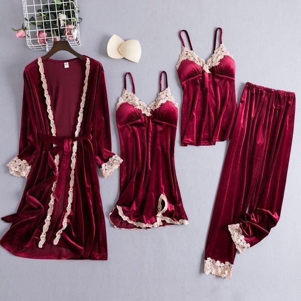

chinese style female velour robe gown classic burgundy sleepwear 4pcs nighty set lace patchwork nightwear bathrobe negligee lj200822, Black;red