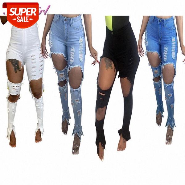 

women jeans casual hole high waist ripped flare jeans pants summer hollow out streetwear wide leg pencil denim outfit trousers #cm78, Black;white