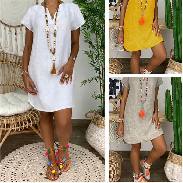 

summer 2020 short sleeve dress loose women clothes cotton and linen dress plus size fashion ladies white shirt dresses vestidos, Black;gray