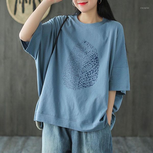 

women's t-shirt johnature summer retro patchwork print o-neck plus size 2021 loose leisure half sleeve all-match women t-shirts1, White