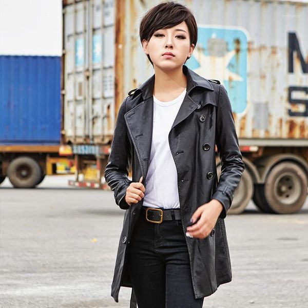 

leather women jacket autumn winter new female leather coat lapel slim slim long pu windbreaker1, Black