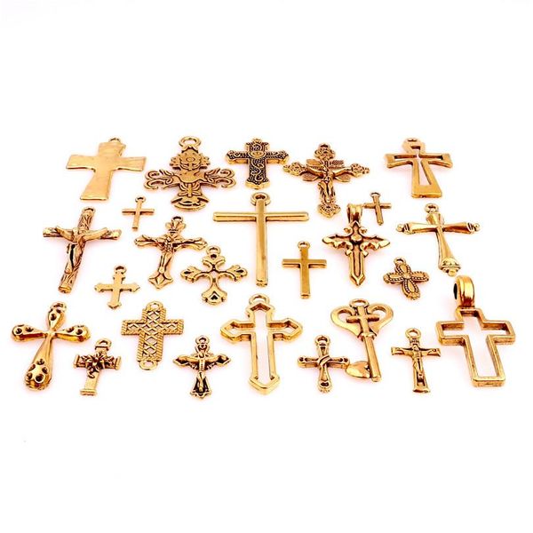 

25 шт. / набор много урожай золотой смешанные стили стили цинкового сплава иисус крест подвеска религиозная вера очарование каркас ювелирных, Silver