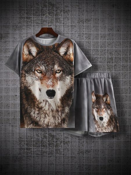 

men 3d wolf print tee & shorts k4tk#, Gray
