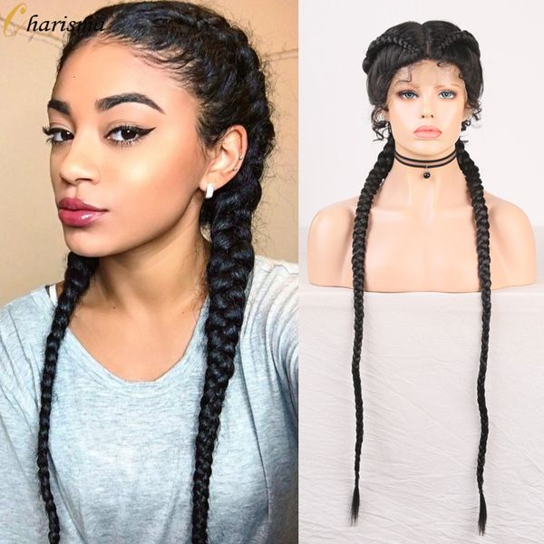 

charisma 36 inches extra long braided wigs lace front wig dutch twins synthetic braids wigs for black women with baby hair, Black;brown
