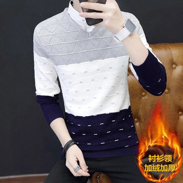

shirt collar] autumn and winter plus velvet thick sweater men's fake two-piece sweater men's youth korean fashion warm, White;black