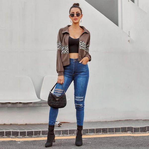 

women's jackets women zipper leopard stitching jacket female long sleeve turn-down collar short coats ladies casual autumn outerwear, Black;brown