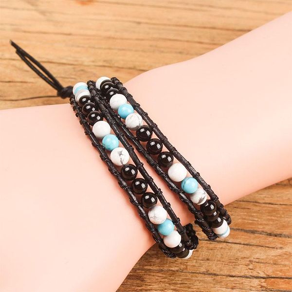 

charm bracelets balibali double natural semi-precious stone leather strand for handmade jewelry wholesale woven, Golden;silver