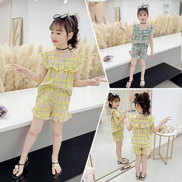 

summer kids plaid outfits sleeveless and shorts girls suits children clothing sets 3 4 6 8 9 10 12 years baby girl clothes t200707, White