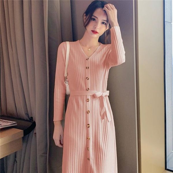 

knitted dress women's autumn winter v-neck temperament slim fit single breasted high waist medium length versatile woolen dress, Black;gray