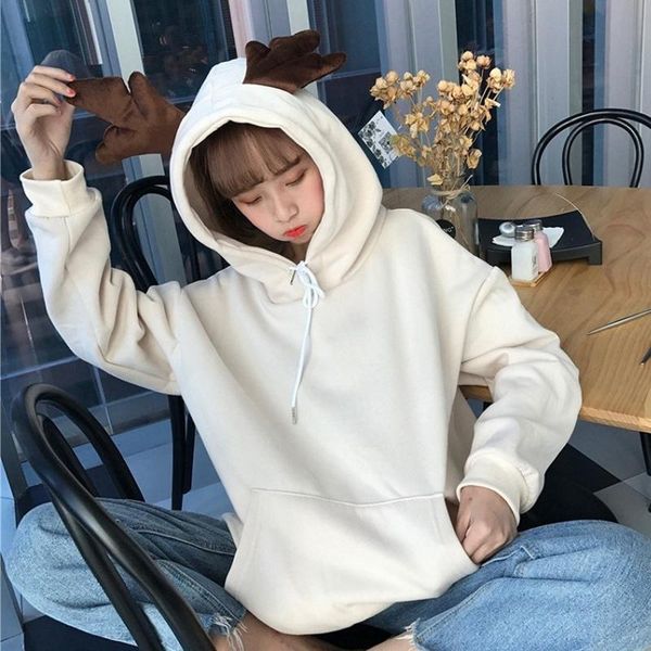 

christmas women hooded antlers cute design sweatshirts long sleeve autumn winter female hoodies fashion loose lady pullover, Black