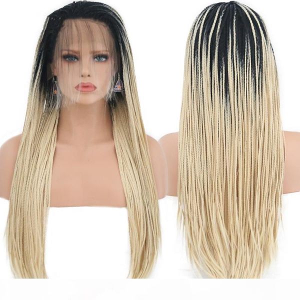 

180% density synthetic ombre hair lace wigs with baby hair high temperature fiber hair long blonde box braids lace front wig for women, Black